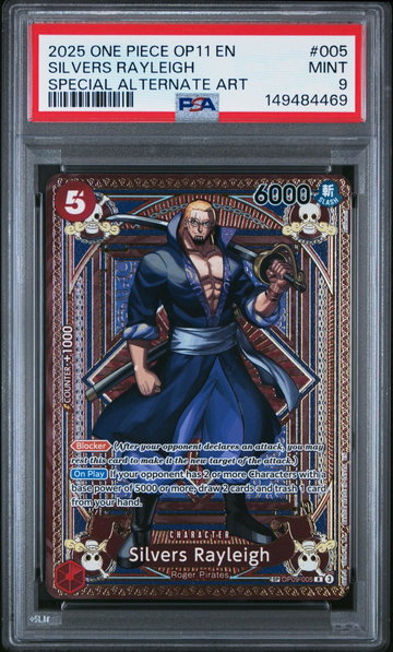 2025 One Piece Op11 A Fist of Divine Speed Special Alternate Art Silvers Rayleigh #OP09-005 PSA 9
