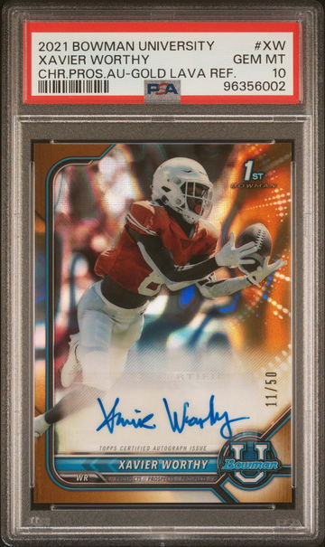 2021 Bowman University Chrome Prospect Autographs Gold Lava Refractor Xavier Worthy #XW /50 PSA 10