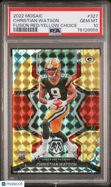 2022 Panini Mosaic Christian Watson #327 Fusion Red Yellow Choice PSA 10
