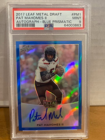 Patrick Mahomes Leaf Metal Draft Auto RC - Blue Prismatic PSA 9, Beckett 9.5