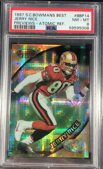 1997 S.C. Bowmans Best Jerry Rice Atomic Refractor Preview #BBP14 PSA 8 HOF San Francisco 49ers