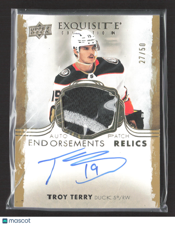 2022 Upper Deck Exquisite Collection Troy Terry #ER-TT /50 Endorsements Relics Game-used hockey memorabilia Auto Patch