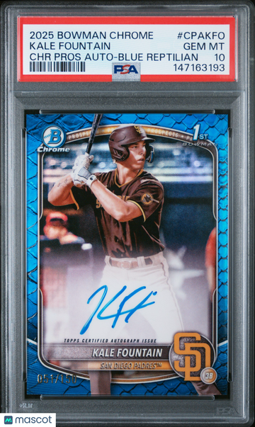 2025 Bowman Chrome Prospect Autographs Kale Fountain #CPAKFO Blue Reptilian /150 PSA 10