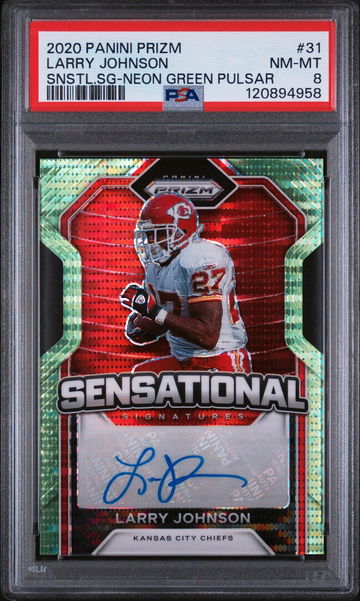 2020 Panini Prizm Sensational Signatures Neon Green Pulsar Larry Johnson #31 PSA 8
