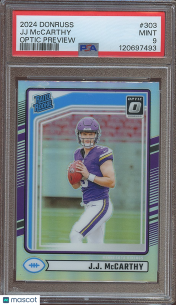 2024 Panini Donruss J.J. McCarthy #303 Optic Preview Holo Prizm Parallel/Variety Rookie Base Set PSA 9