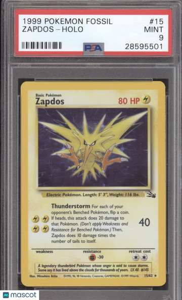 1999 Pokemon Fossil Zapdos Holo PSA 9 #15