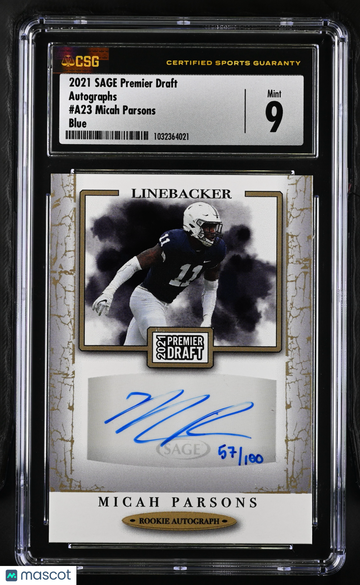 2021 Sage Premier Draft Micah Parsons #A23 Blue /100 Autographs CGC 9 Auto 10