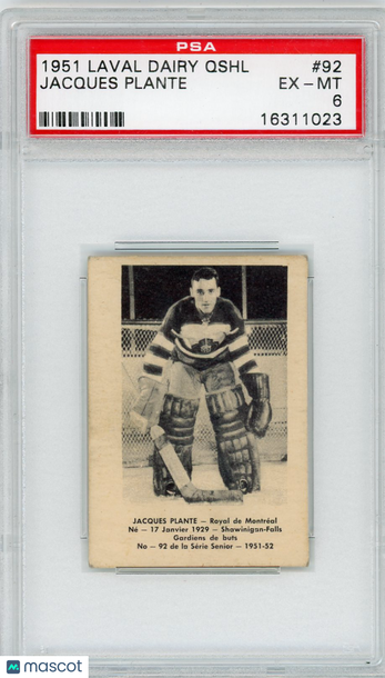1951 Laval Dairy Qshl Jacques Plante #92 PSA 6