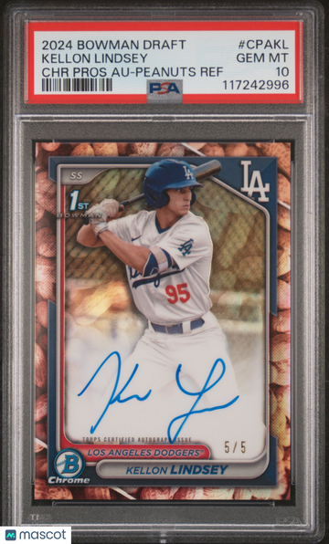 2024 Bowman Draft Chrome Prospect Autographs Kellon Lindsey #CPAKL Peanuts Ref /5 PSA 10