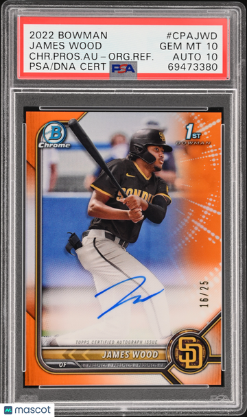 2022 Bowman Chrome Prospect Autographs James Wood Orange /25 #CPAJWD PSA 10