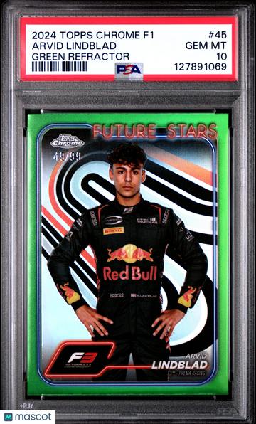 2024 Topps Chrome Formula 1 Arvid Lindblad #45 Green Refractor /99 PSA 10