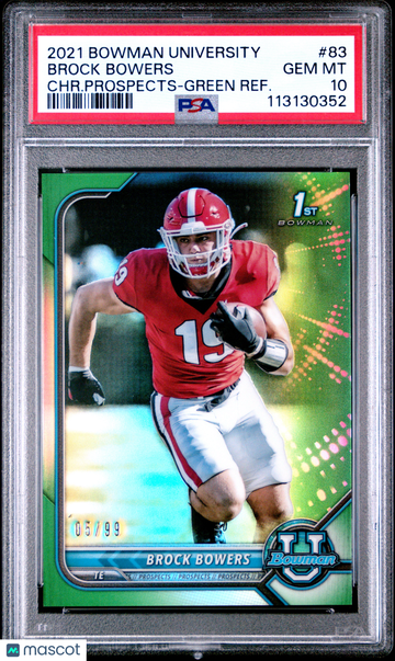 2021 Bowman University Chrome Prospects Brock Bowers #83 CHR. Prospects Green Refractor /99 PSA 10