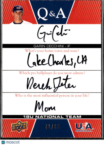 Garin Cecchini 2009 Upper Deck USA Baseball Box Set Auto /65 USA Baseball 18U National Team