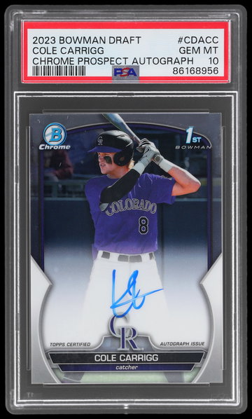 2023 Bowman Draft Cole Carrigg Chrome Autograph PSA 10