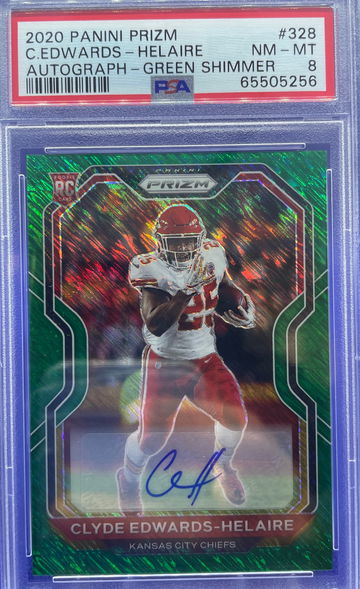 2020 Panini Prizm Rookie Auto Prizm Green Shimmer Clyde Edwards-Helaire RC 1/5 PSA 8 NM-MT SP