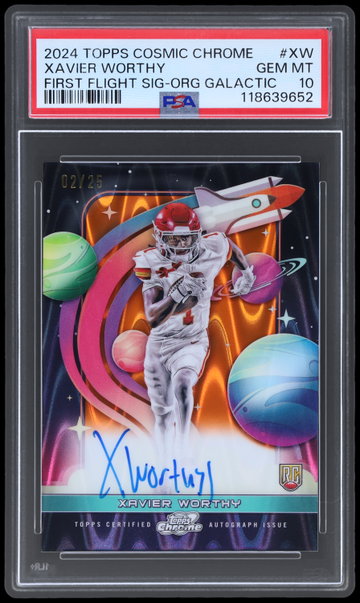 2024 Topps Cosmic Chrome Xavier Worthy First Flight Signatures Orange Galactic PSA 10
