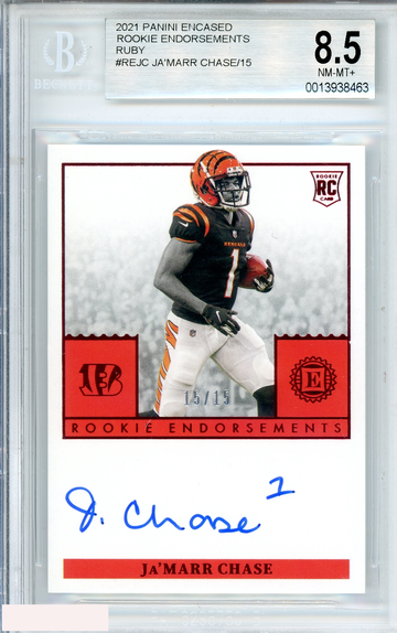 2021 PANINI ENCASED JA MARR CHASE#REJC RKE ENDRSMTS RUBY 15 OF 15 BGS 8.5 NM MT+