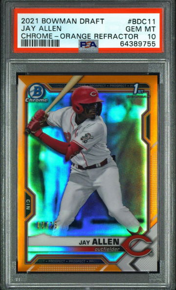 PSA 10 Jay Allen ORANGE REFRACTOR 1st 2021 Bowman Draft 12/25 Reds #BDC11 🔥