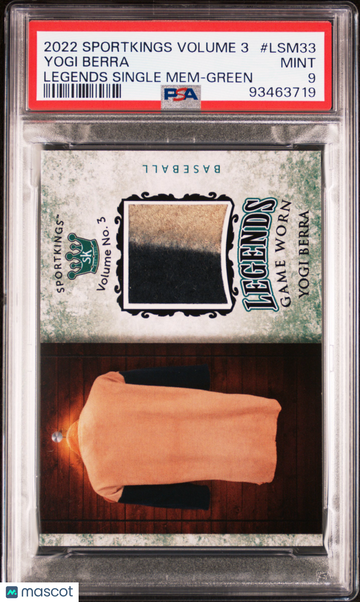 2022 Sportkings Volume 3 Legends Single Memorabilia Yogi Berra #LSM33 Green PSA 9