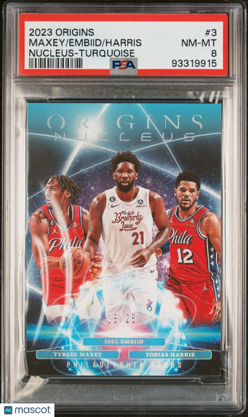 2023 Origins Tyrese Maxey Tobias Harris Joel Embiid #3 Turquoise Turquoise PSA 8