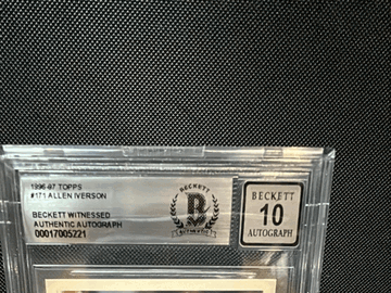 Graded 1996 Topps Allen Iverson #171 Rookie Autographed Philadelphia 76ers Basketball Trading Card BGS 10