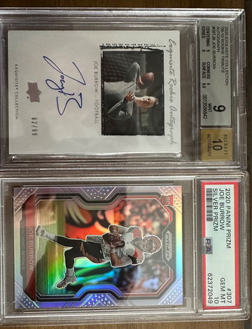 Joe Burrow PSA 10 panini silver prizm & Beckett UD Exquisite collection rookie autograph 