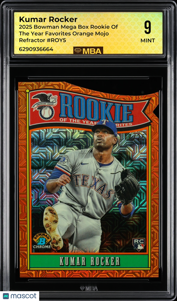2025 Bowman Mega Box Rookie of the Year Favorites Kumar Rocker #ROY5 Orange Mojo Refractor /25 MBA 9
