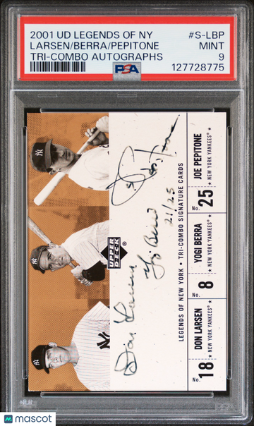 2001 Upper Deck Legends Of Ny Tri-Combo Autographs Pepitone Berra Larsen #S-LBP / PSA 9 Upper Deck