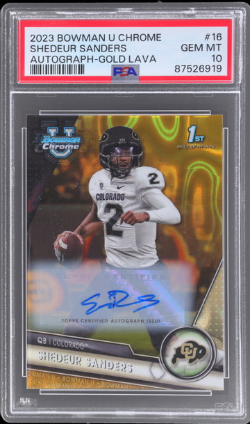 2023 Bowman Chrome University Shedeur Sanders Autograph Gold Lava Refractor PSA 10