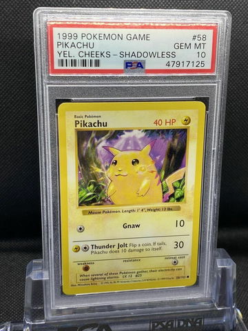 1999 Pokemon PSA 10 Shadowless Pikachu Yellow Cheeks WOTC #58