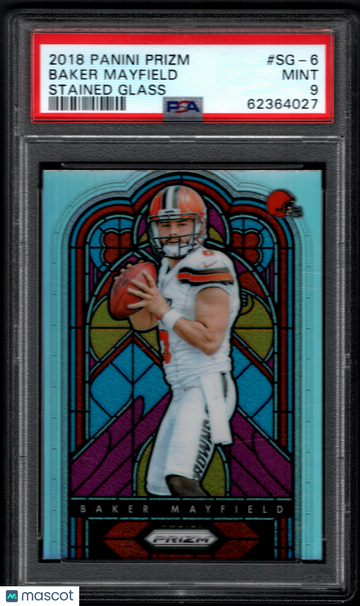 2018 Panini Prizm Baker Mayfield #SG-6 Stained Glass Short Print Parallel/Variety Rookie Insert PSA 9