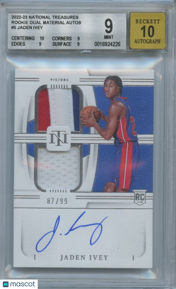 2022 Panini National Treasures Rookie Dual Material Autographs Jaden Ivey #5 Patch Rookie BGS 9 Panini Authentic Auto 10