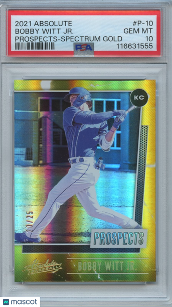 2021 Panini Absolute Prospects Bobby Witt Jr. #P-10 Spectrum Gold Rookie PSA 10