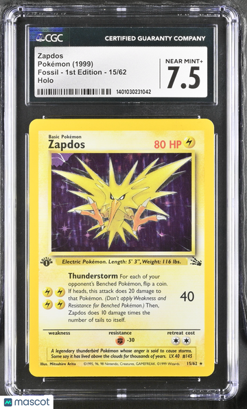 1999 Pokemon Fossil Zapdos Holo 1st Edition CGC 7.5 #15/62