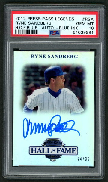 2012 Press Pass Legends Ryne Sandberg #RSA Hall Of Fame Blue Ink Auto PSA 10 Population 1