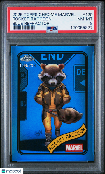 2025 Topps Chrome Marvel Rocket Raccoon Blue Refractor 009/299 #120 PSA 8