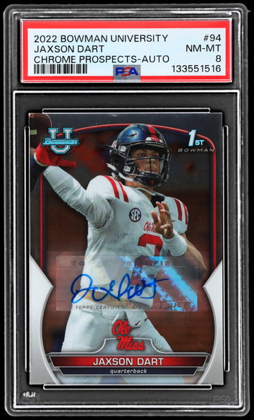 2022 Bowman Chrome University Jaxson Dart Prospect Autograph PSA 8