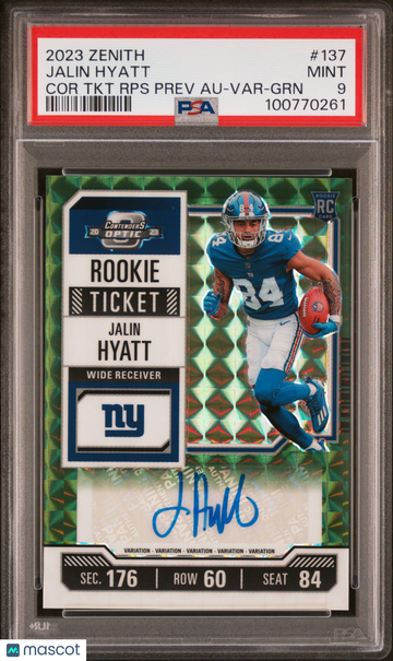 2023 Panini Zenith Contenders Optic Rookie Ticket Jalin Hyatt #137 Green Rookie PSA 9