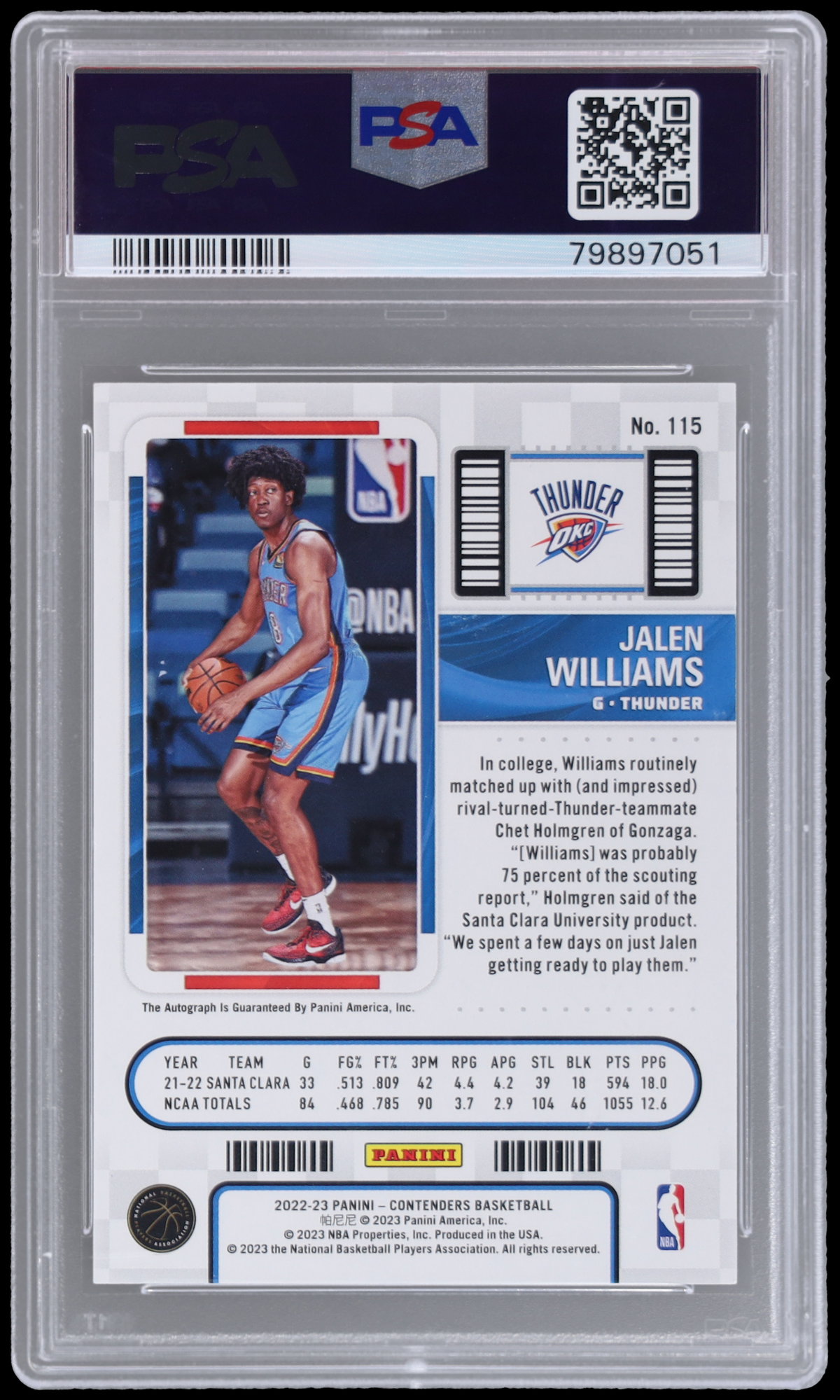 2022 Panini Contenders Jalen Williams Rookie Ticket Autograph PSA 