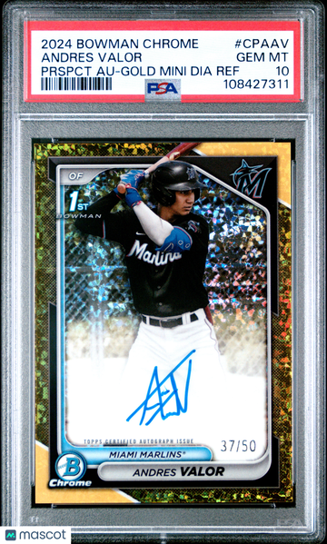 2024 Bowman Chrome Prospect Autographs Andres Valor #CPAAV Prspct Gold Mini Dia Ref /50 PSA 10