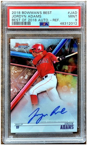 2018 JORDYN ADAMS Topps Bowmans Best Of Refractor ON CARD Auto Autograph PSA 9 POP 3 Rookie RC #JAD Los Angeles Angels