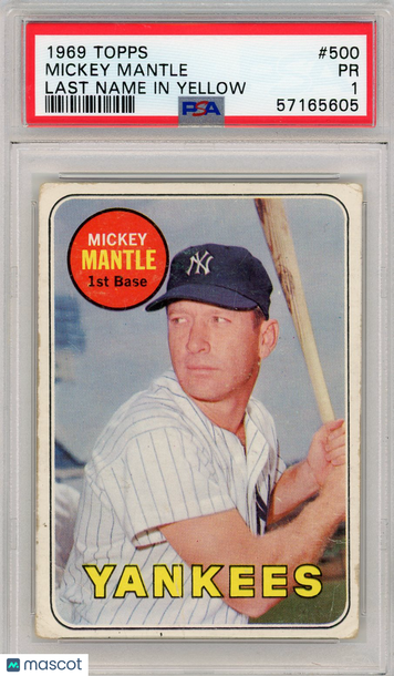1969 Topps Mickey Mantle #500 Last Name In Yellow PSA 1