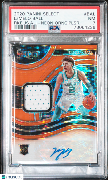 2020 Panini Select Rookie Jersey Autographs Lamelo Ball #BAL RKE. JS. Au Neon Orng. Plsr. PSA 7