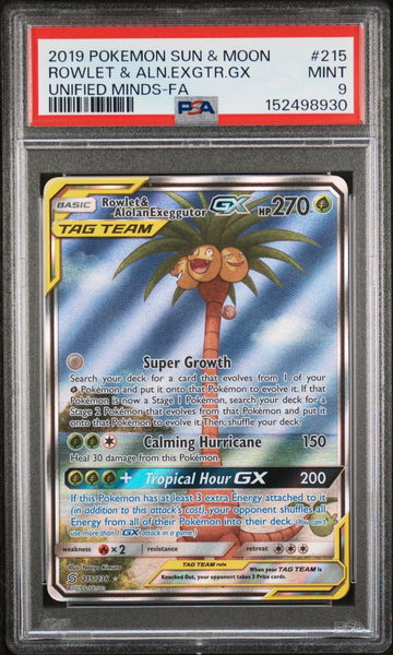 2019 Pokemon Sun and Moon Unified Minds Alolan Exeggutor Gx/Rowlet #215 /236 PSA 9