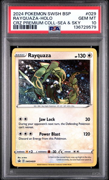 2024 Pokemon Sword and Shield Black Star Promo Crown Zenith Premium Collection Sea and Sky Cosmos Holo Rayquaza #SWSH029 PSA 10