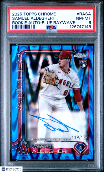 2025 Topps Chrome Rookie Autographs Samuel Aldegheri #RASA Blue Raywave /150 PSA 8