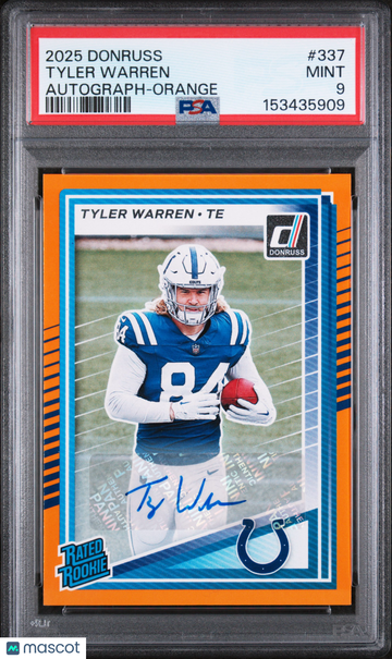 2025 Panini Donruss Tyler Warren #337 Autograph Orange Autograph Parallel/Variety Rookie Insert PSA 9 Panini Authentic