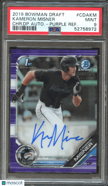2019 Bowman Draft Chrome Draft Picks Autograph Kameron Misner #CDAKM CHR. DP Autograph Purple Refractor PSA 9