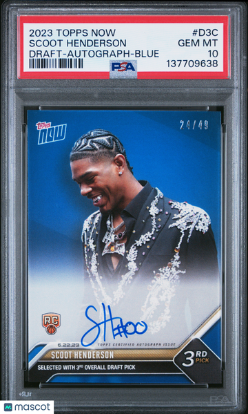 2023 Topps Now Draft Scoot Henderson #D3C Autograph Blue /49 PSA 10