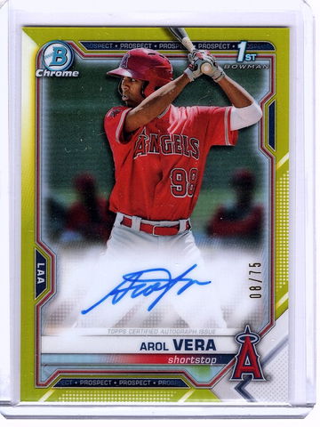 Arol Vera YELLOW REFRACTOR AUTO 8/75 2021 Bowman Chrome 1st #CPAAVE Angels